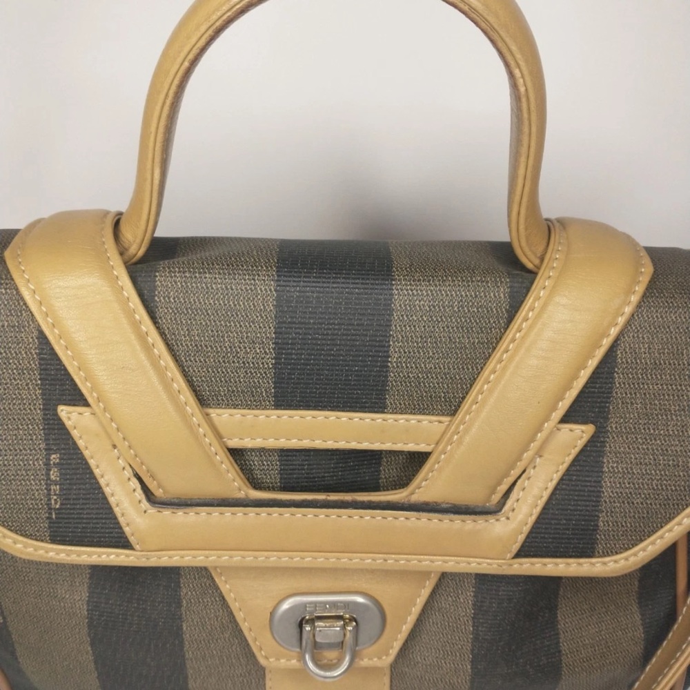 Fendi Pequin Black & Tan Striped Handbag/Crossbody Bag with Leather Trim. - Picture 5 of 17